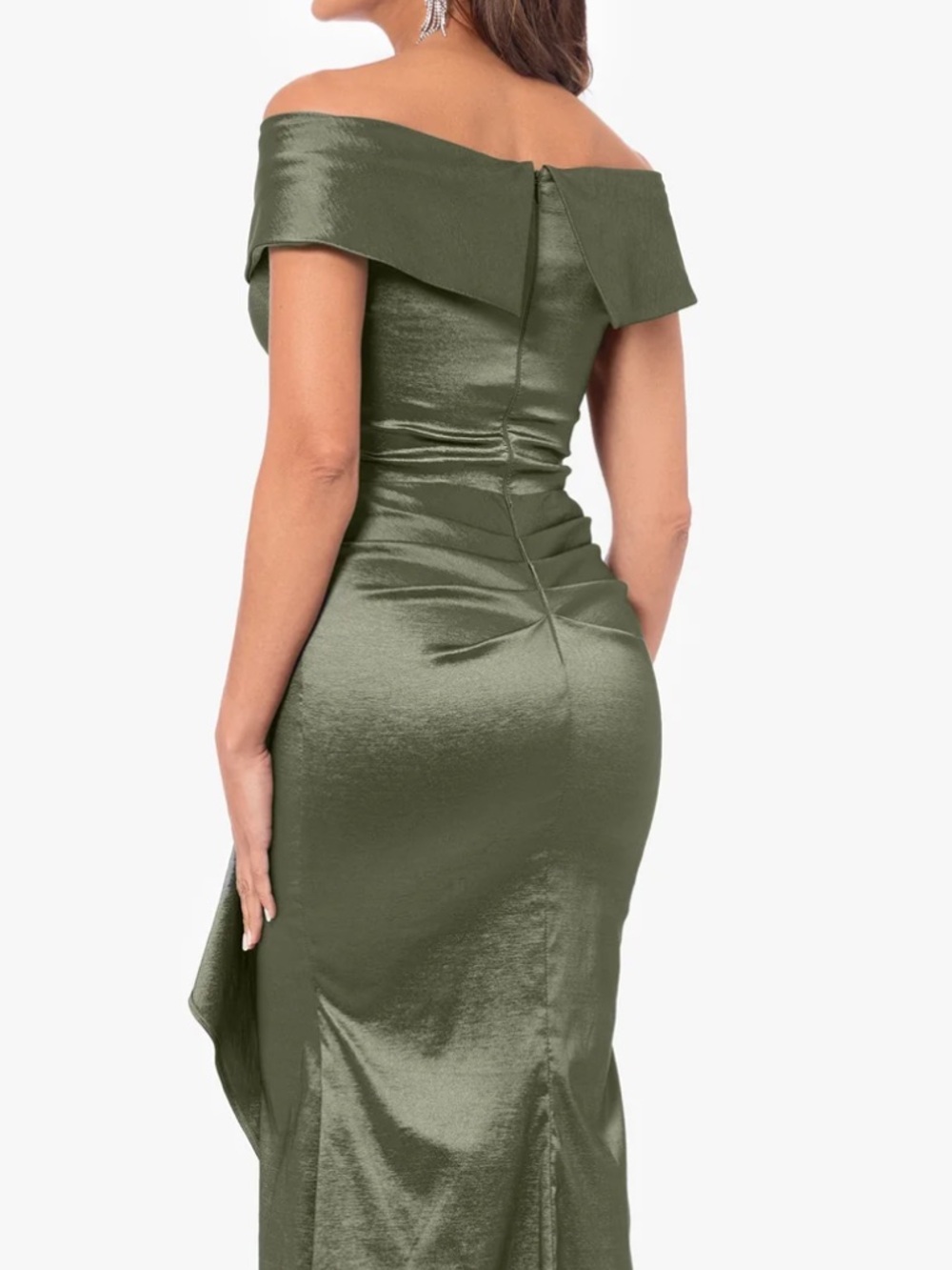 Xscape Olive Green Off-Shoulder Ruffled Satin Gown - Picture 3 of 14